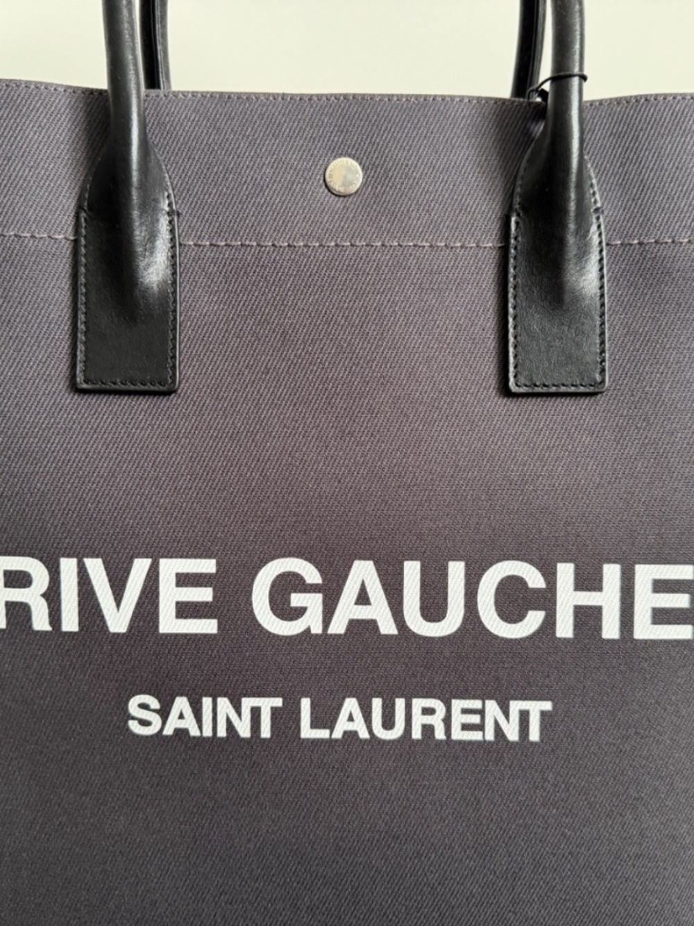 Saint Laurent YSL Rive Gauche Gray Canvas Logo Black Leather Tote Bag - Picture 8 of 16